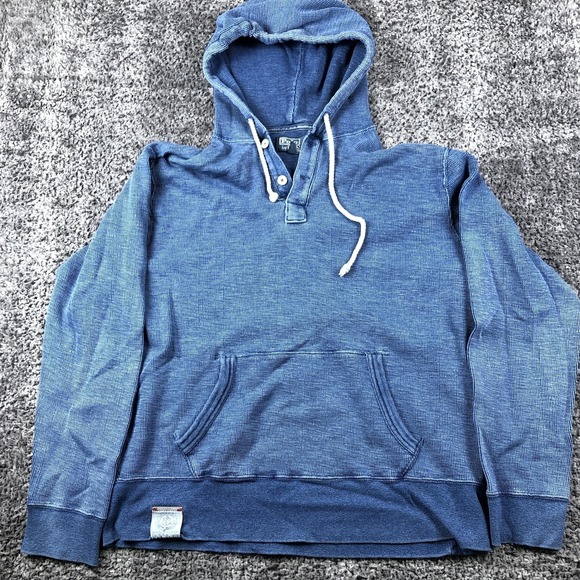 Polo By Ralph Lauren Hoodie Mens Large Blue Henley Knit Pullover Kangaroo Pocket - Picture 2 of 9